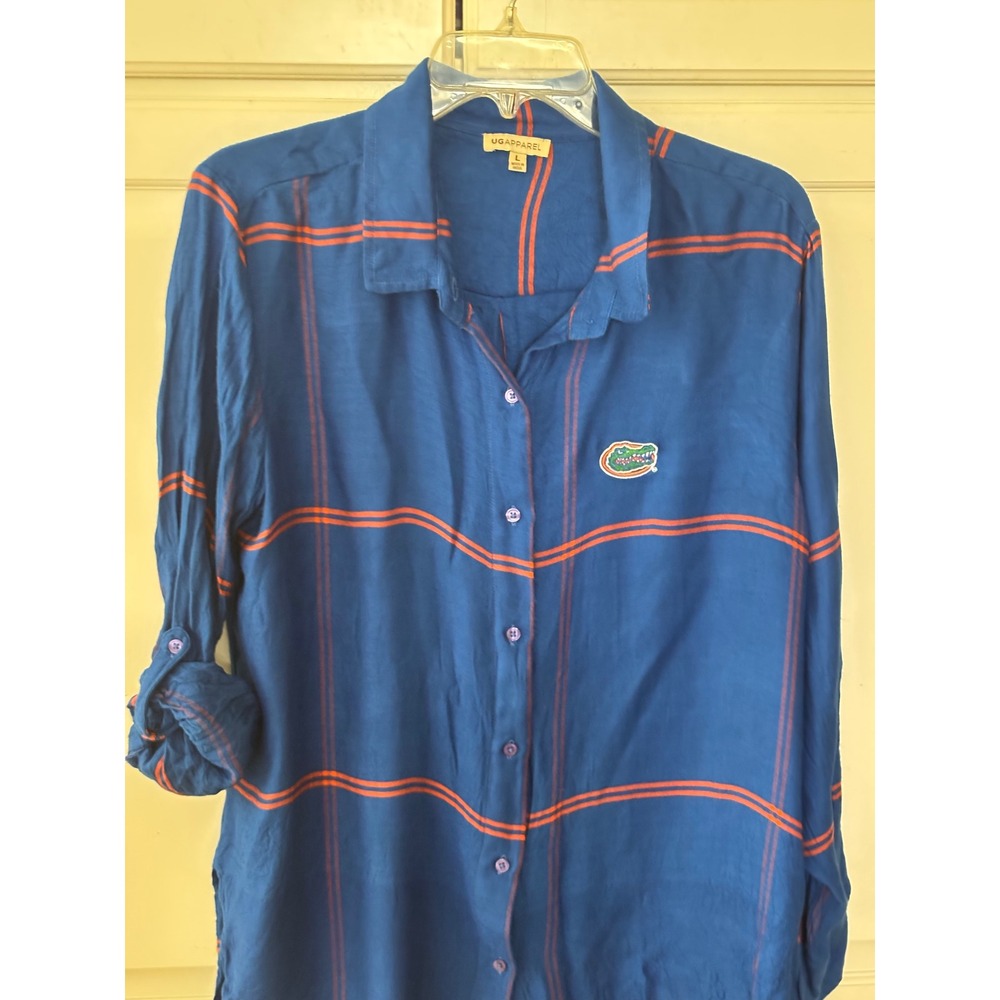 UG Apparel Florida Gators Womens Blue Orange Plaid Button Down Shirt Large NCAA